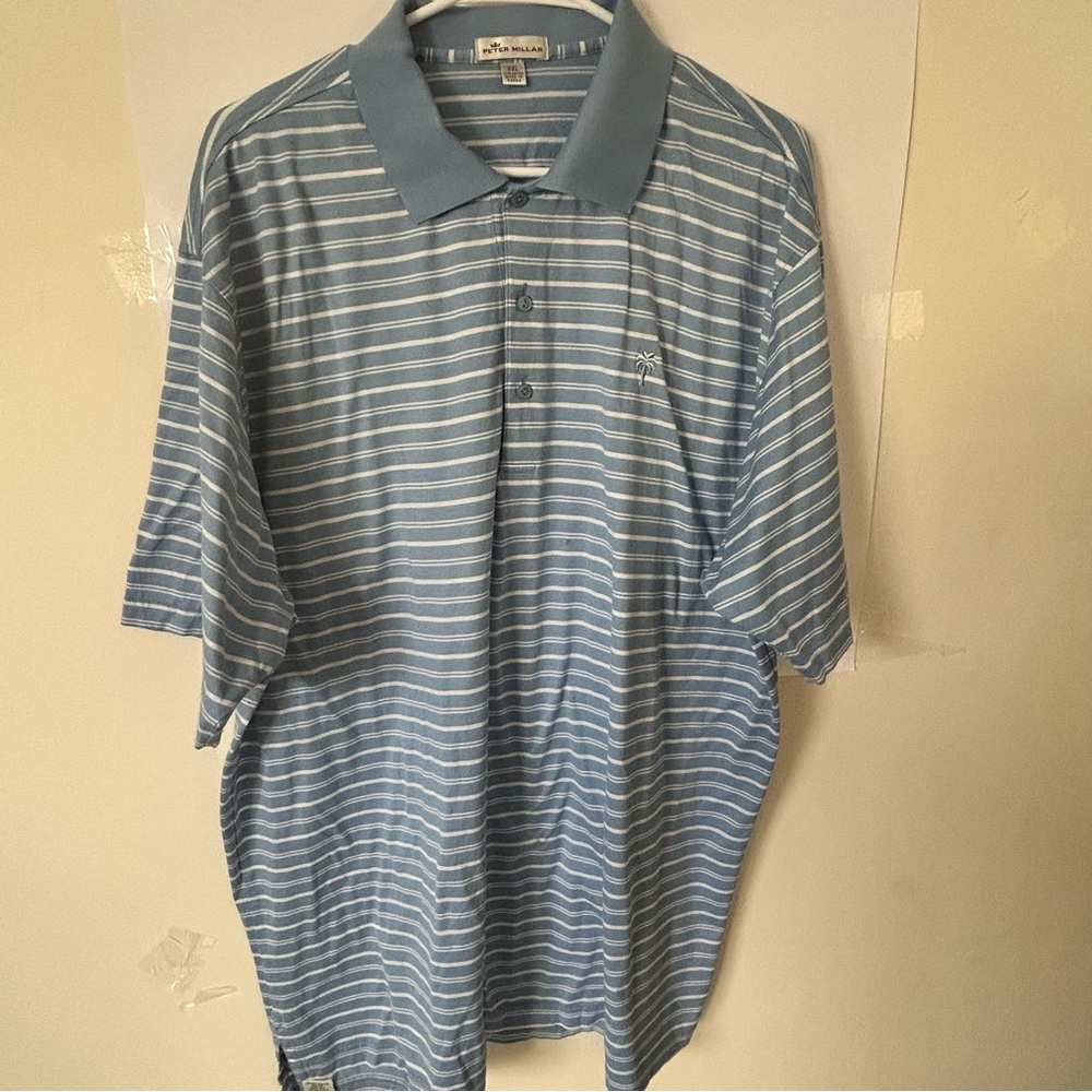 Peter Millar XXL Blue Striped Polo Shirt Palm Tree Logo